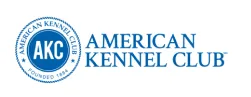 Logo of the American Kennel Club (AKC) with blue text and circular emblem.