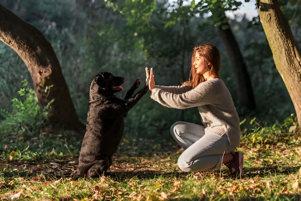 Woman training a black Labrador in a forest, practicing high-five as part of therapy dog training requirements.