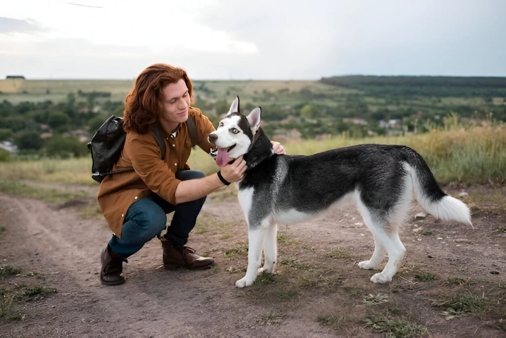 Man kneeling on a dirt path while gently holding and training a Siberian Husky during a dog training session in Chicago countryside