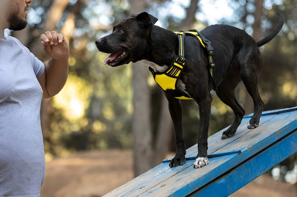 Man training a dog on an agility ramp in a forest setting, representing the 28-day dog obedience challenge.