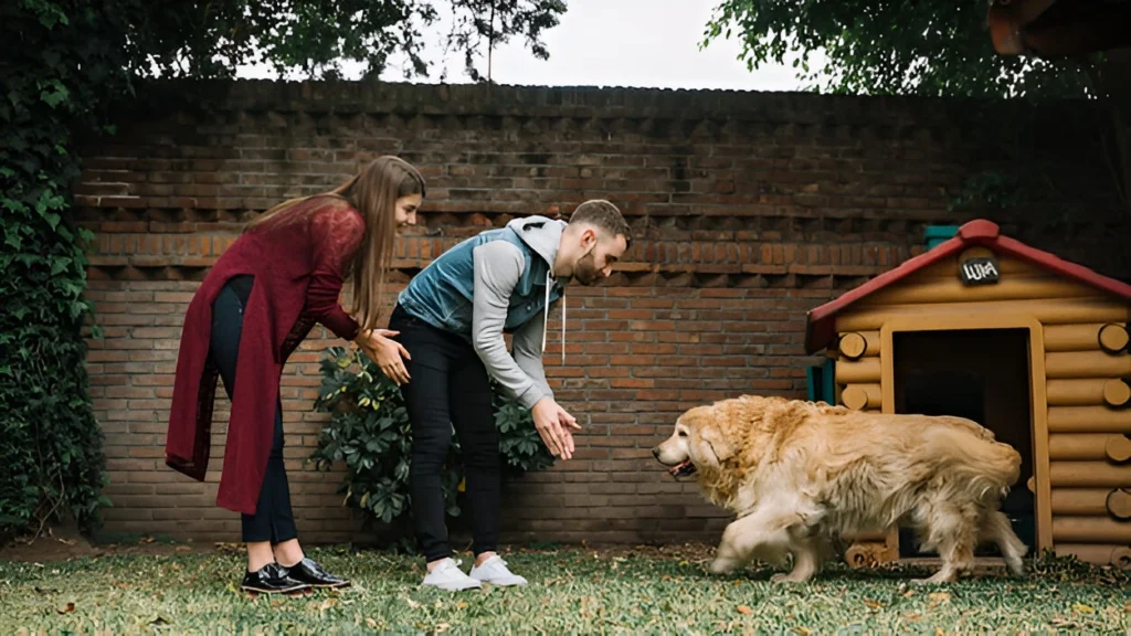 Couple interacting with a Golden Retriever during a dog training consultation session in Chicago backyard.