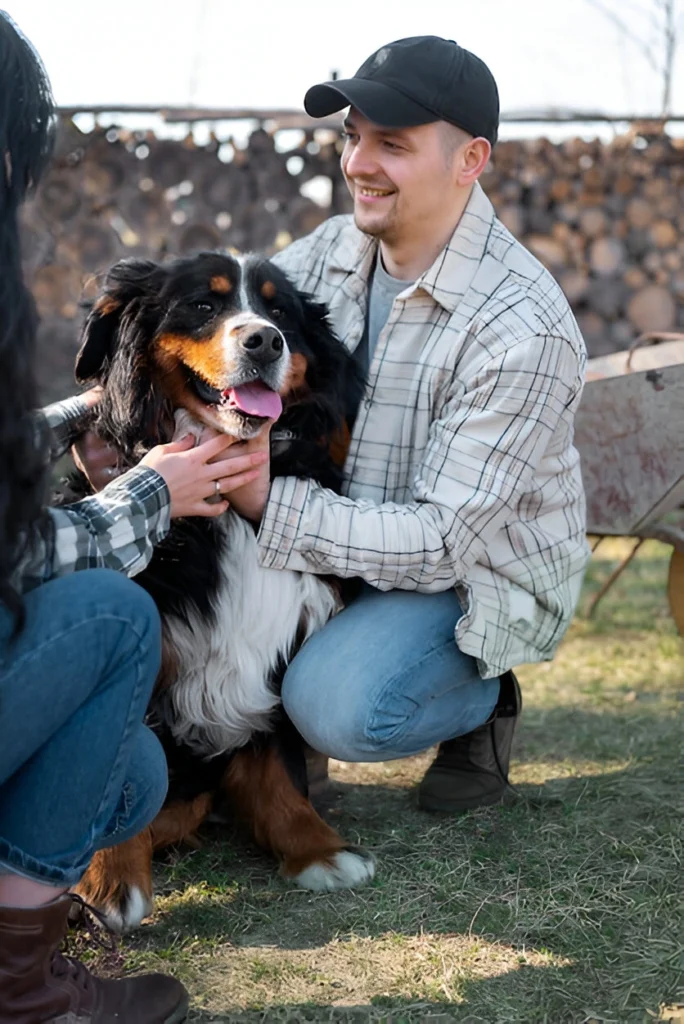 Happy dog with owners during behavior training session in Chicago