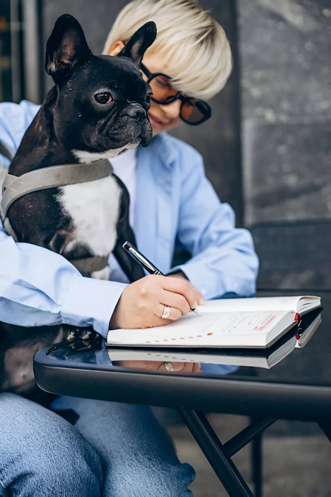 Woman writing in notebook with French Bulldog on her lap, representing planning and budgeting for dog training costs in Chicago.