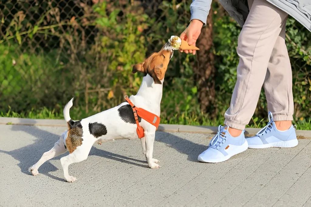 Dog receiving treat during outdoor session — best puppy training Chicago.