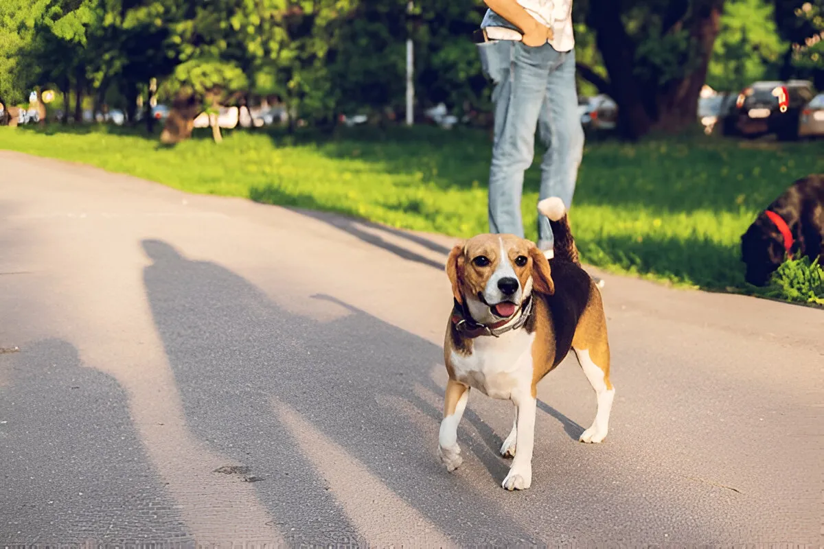 Happy puppy walking confidently in park with owner — best puppy training Chicago experience.