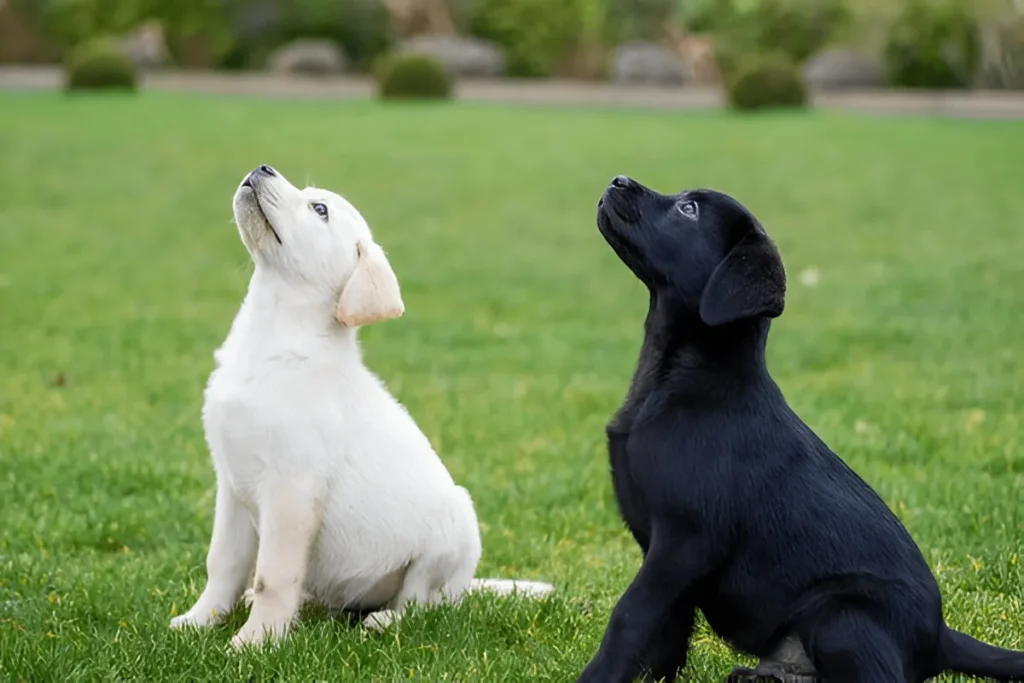 Two obedient Labrador puppies sitting on grass during outdoor training session — puppy training timeline Chicago.