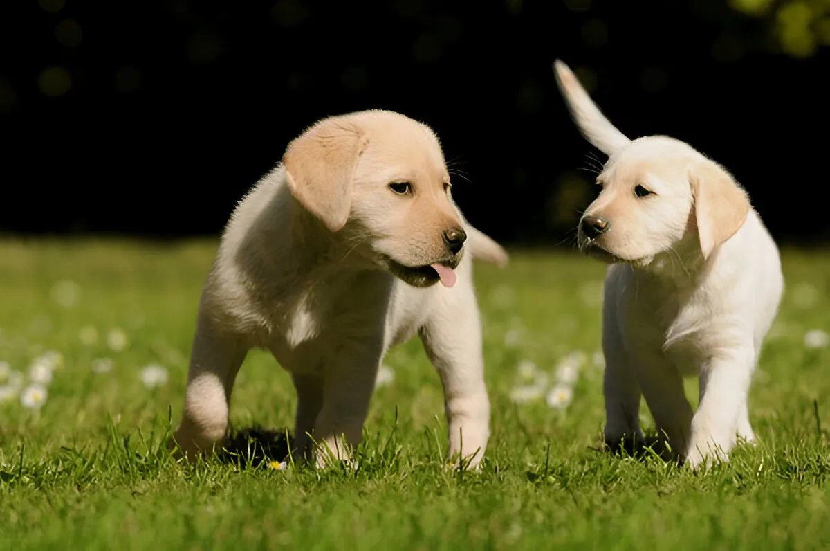Two playful Labrador puppies exploring grass during early behavior progress stage — puppy training timeline Chicago.