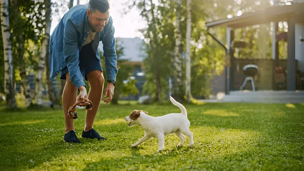 A man in a blue shirt and shorts is playing with a small white dog with brown spots on a grassy lawn, holding a toy in his hand while the dog eagerly runs toward him, with a house and trees in the background on a sunny day.