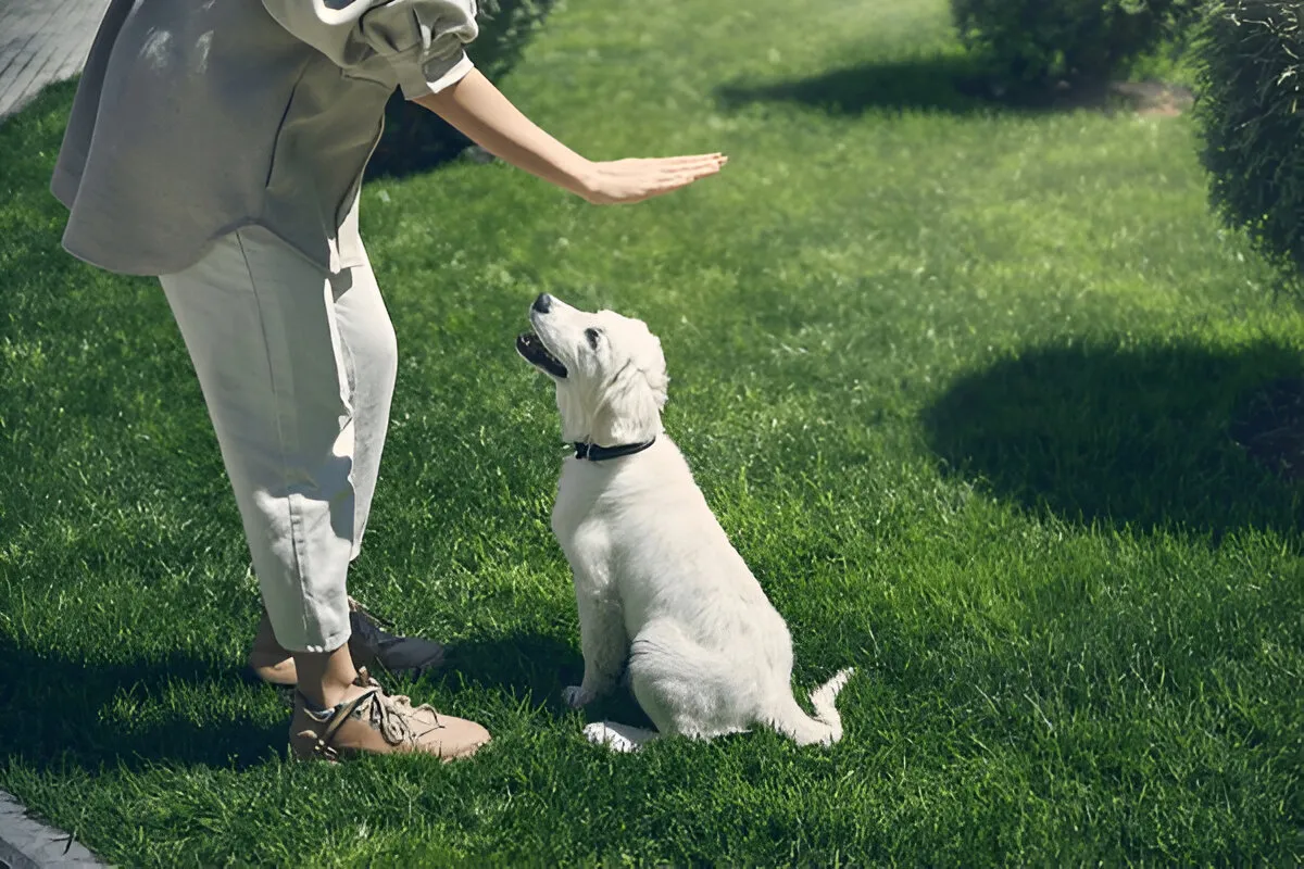 A white puppy wearing a black collar sits attentively on a green lawn while a person in light-colored clothes raises their hand to give a training command, surrounded by bright daylight and trimmed bushes.