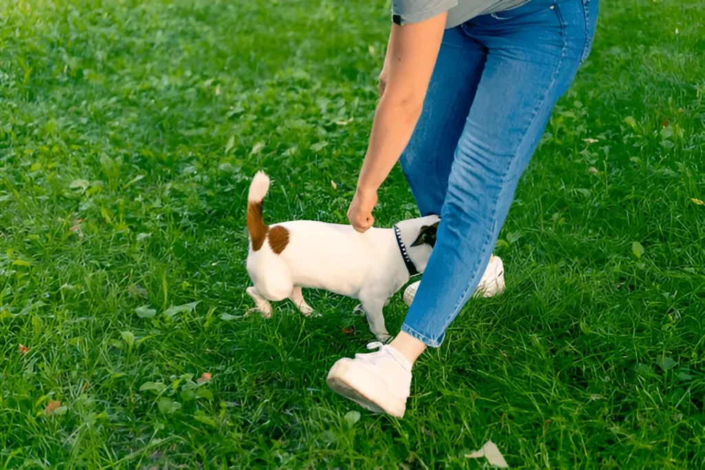 A person in blue jeans and white sneakers bends down to interact with a small white dog with brown markings on a grassy field, as the dog approaches with curiosity.