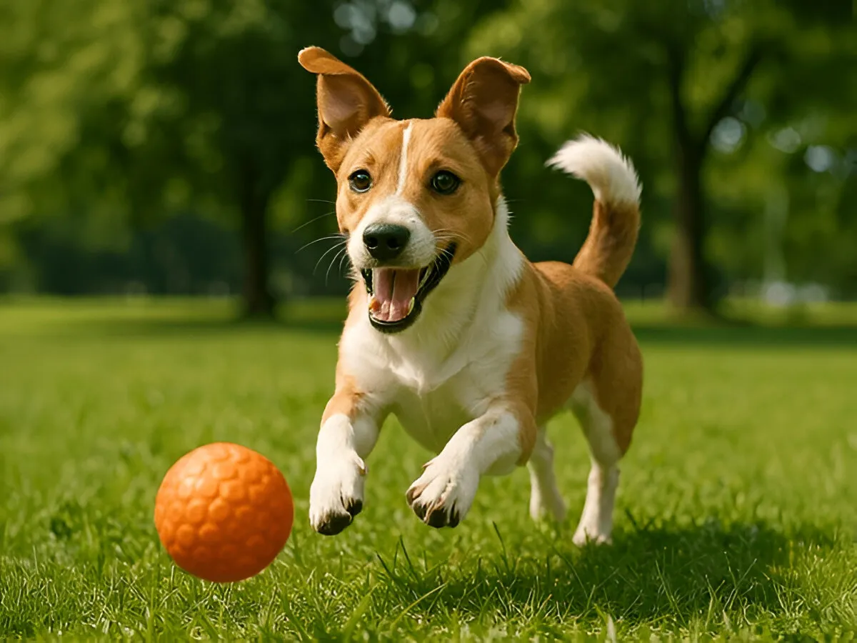 Joyful young dog chasing an orange ball in a sunny park, illustrating the ideal training start through play and engagement.