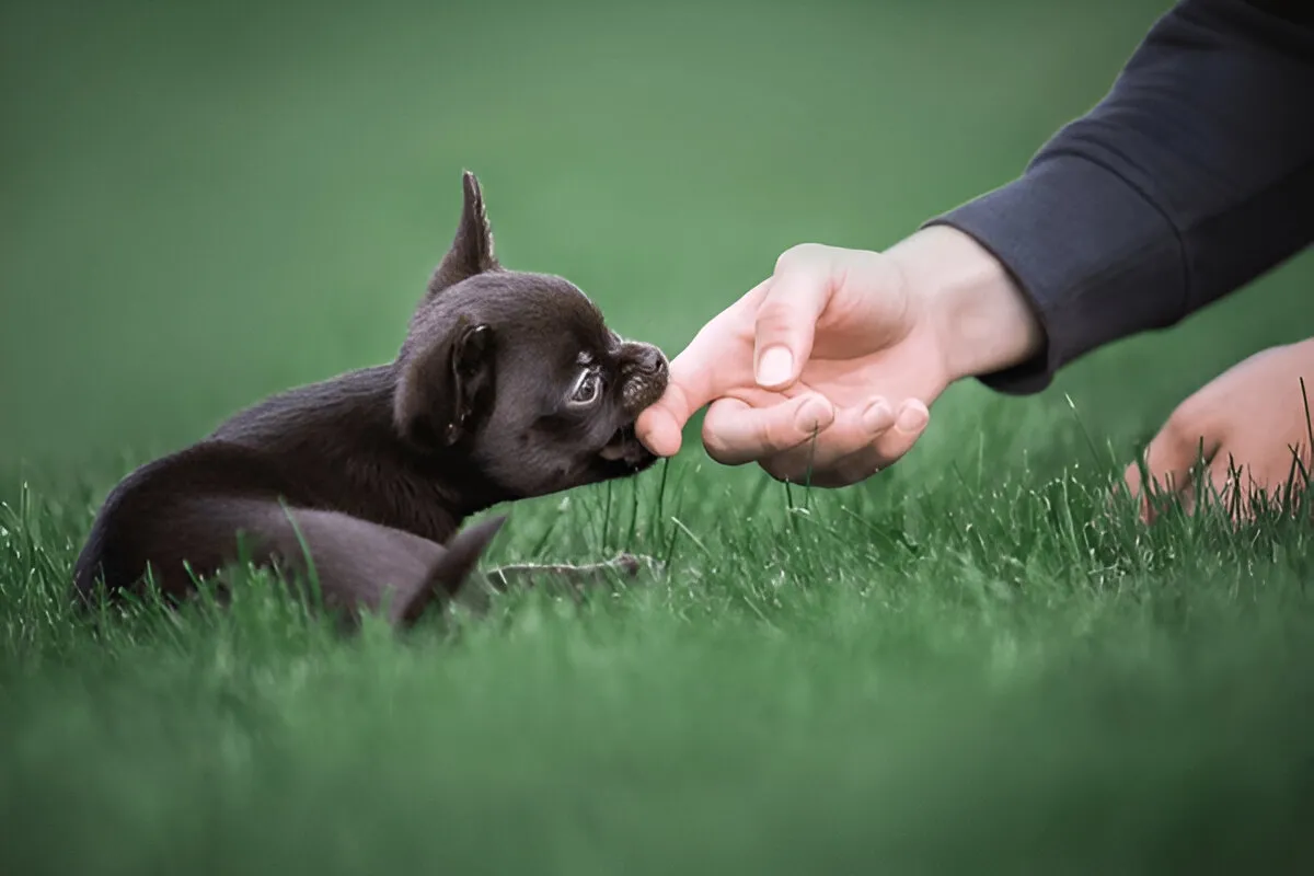 Trainer hand-feeding a small black puppy during a basic puppy training session in Chicago on a grassy lawn.