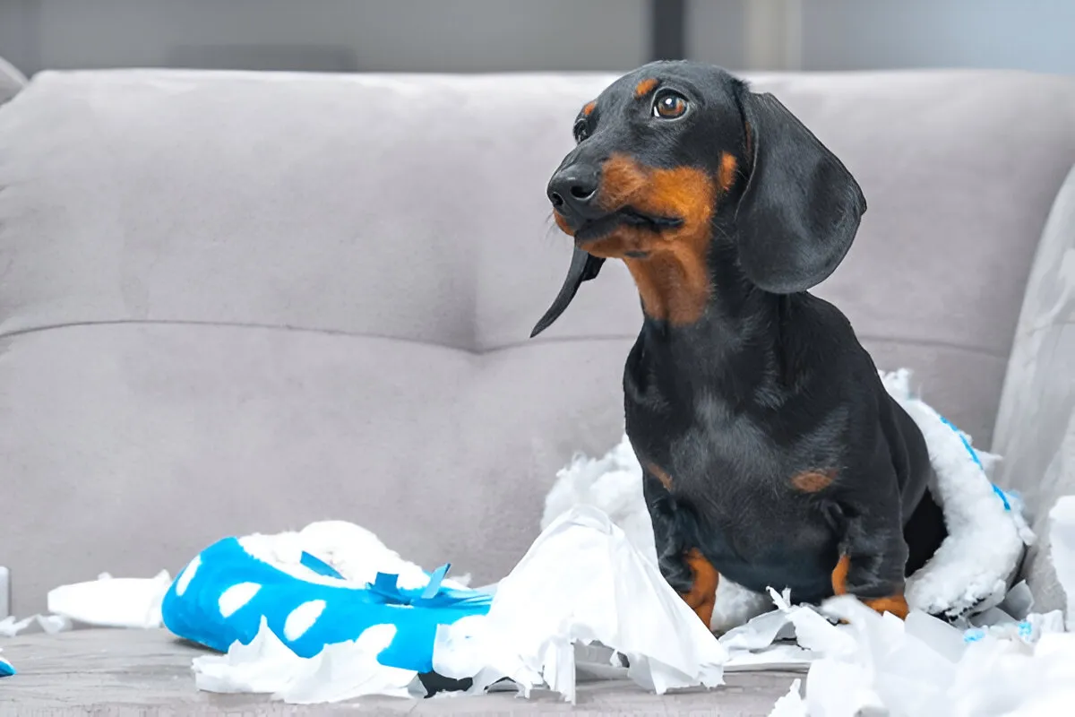 Puppy behavior problems Chicago—Dachshund surrounded by torn stuffing and shredded paper on a couch, showing destructive behavior.