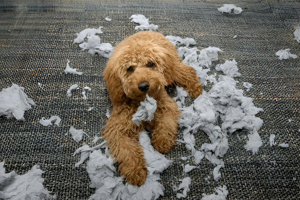 Puppy behavior problems Chicago—golden doodle tearing up stuffing on a carpet, showing destructive behavior typical of untrained dogs.