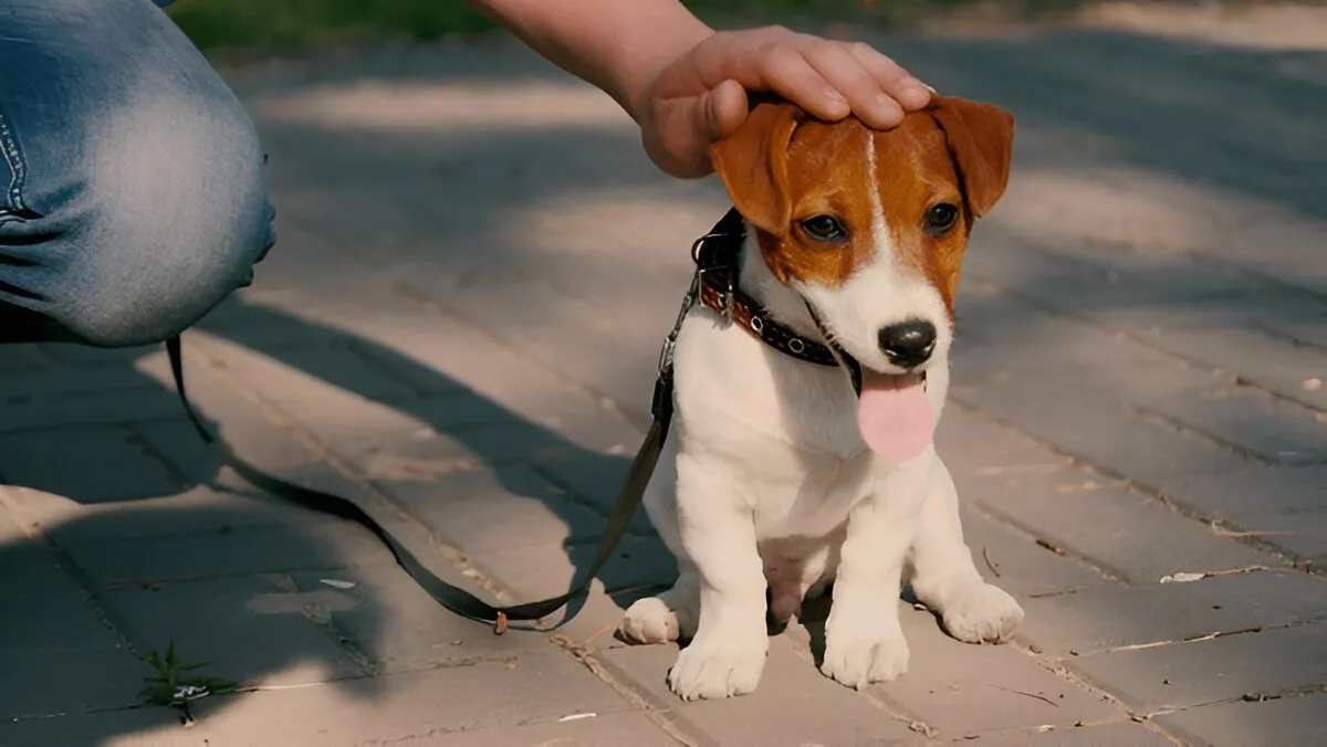 Puppy training Chicago—Jack Russell Terrier on a leash getting praise during outdoor obedience training session.
