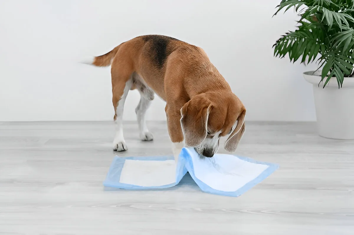 Beagle sniffing a pee pad during dog potty training session indoors.