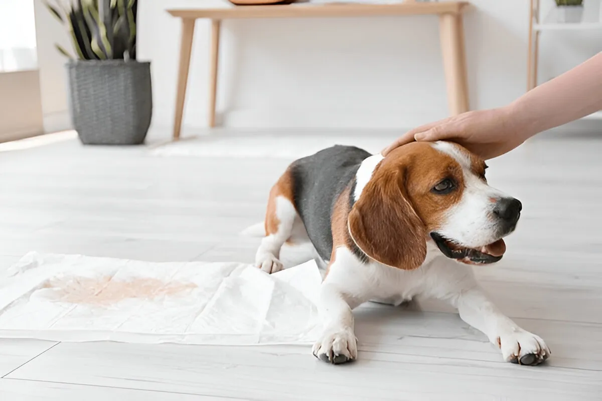 Beagle lying near a used pee pad while being gently petted during dog potty training at home.