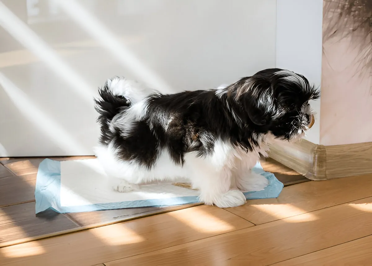 Small black and white puppy standing on a pee pad during indoor dog potty training.