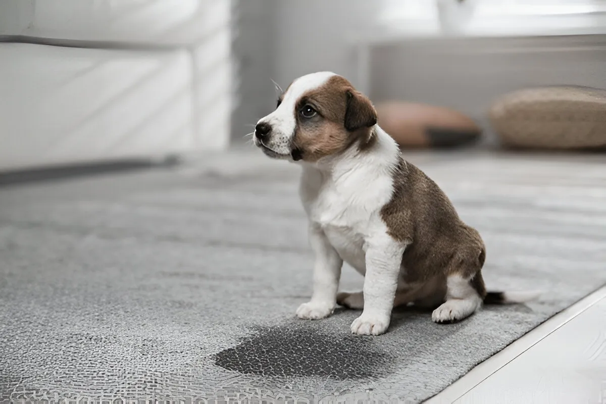 Puppy sitting on a carpet next to a urine stain, showing a common accident during indoor dog potty training.