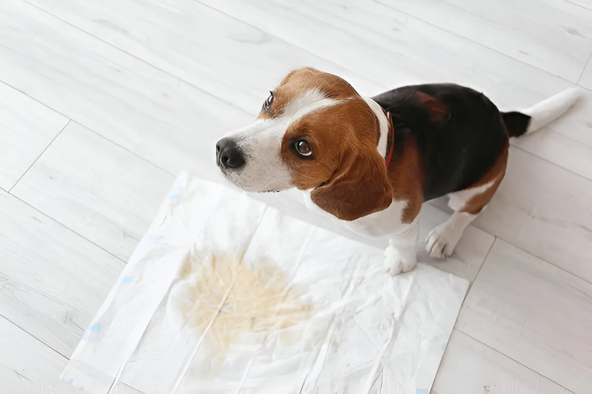 Beagle sitting next to a used pee pad indoors, illustrating a step in indoor dog potty training.