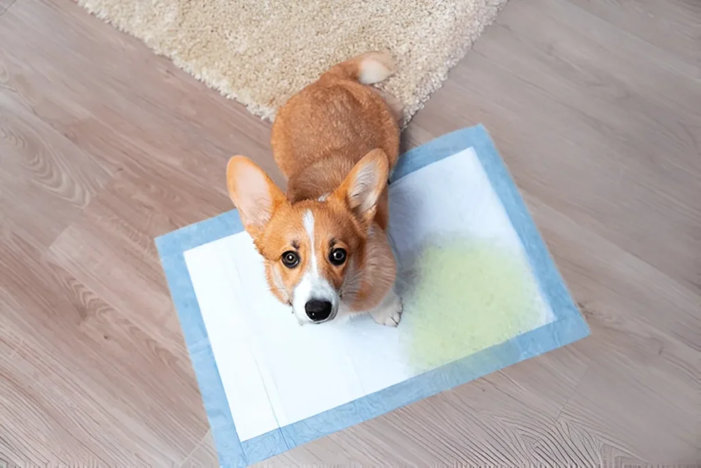 Cute Corgi looking up while sitting on a used pee pad during dog potty training indoors.