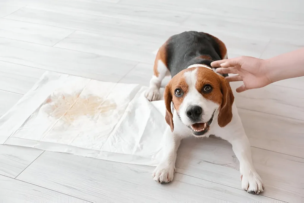 Cute Corgi looking up while sitting on a used pee pad during dog potty training indoors.