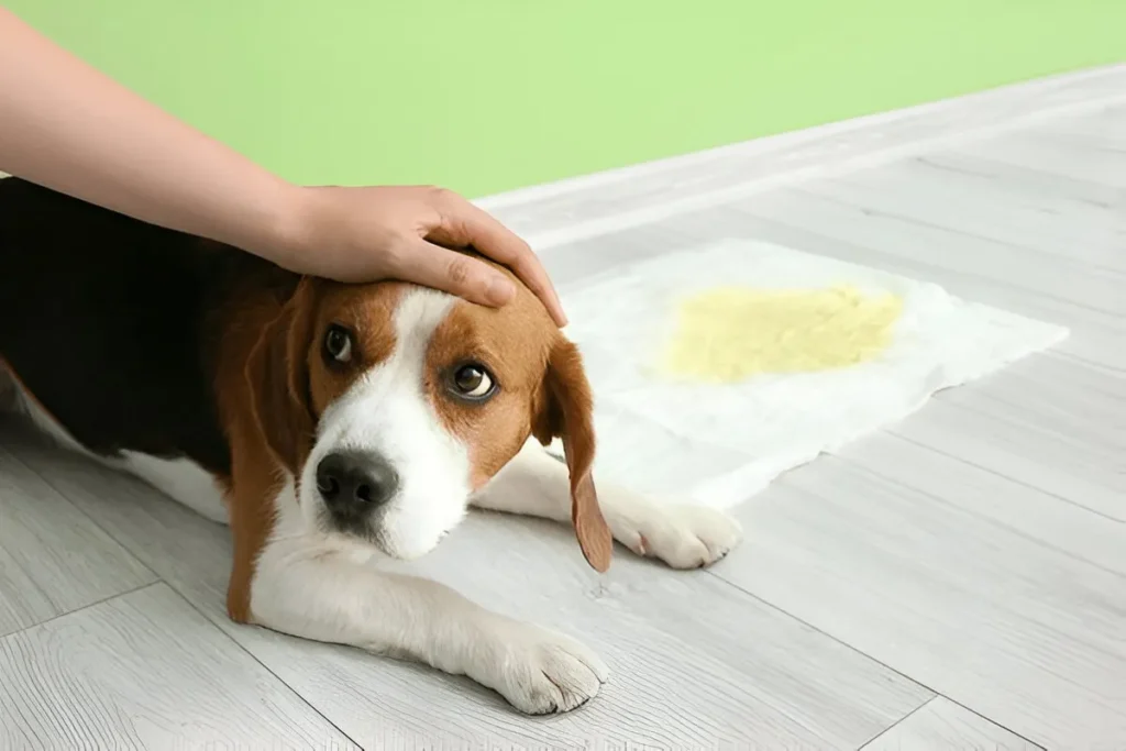 Beagle lying near pee pad with owner's hand on head during dog potty training indoors.