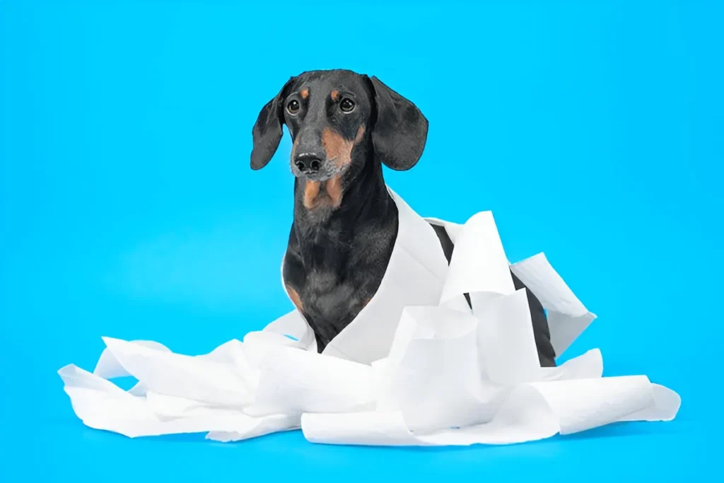 Dachshund wrapped in toilet paper on blue background representing dog potty training mess.